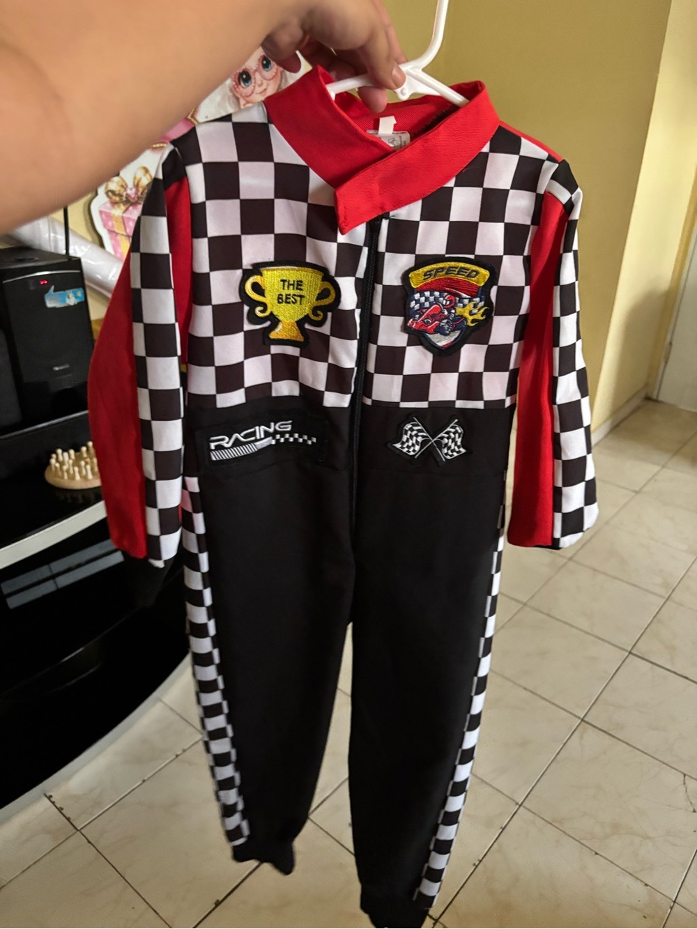 Kids Racing One-Piece Jumpsuit - Red & Black Checkered